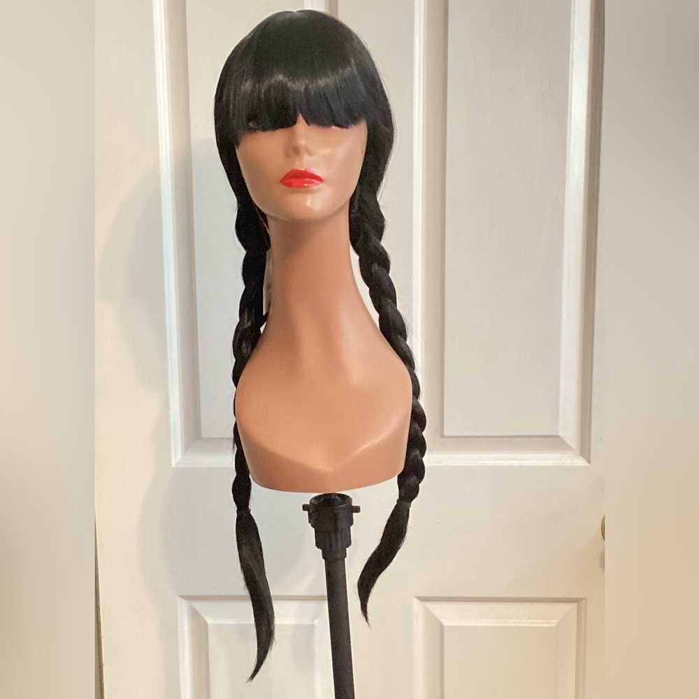 Sleek Black Braided Wig with Bangs